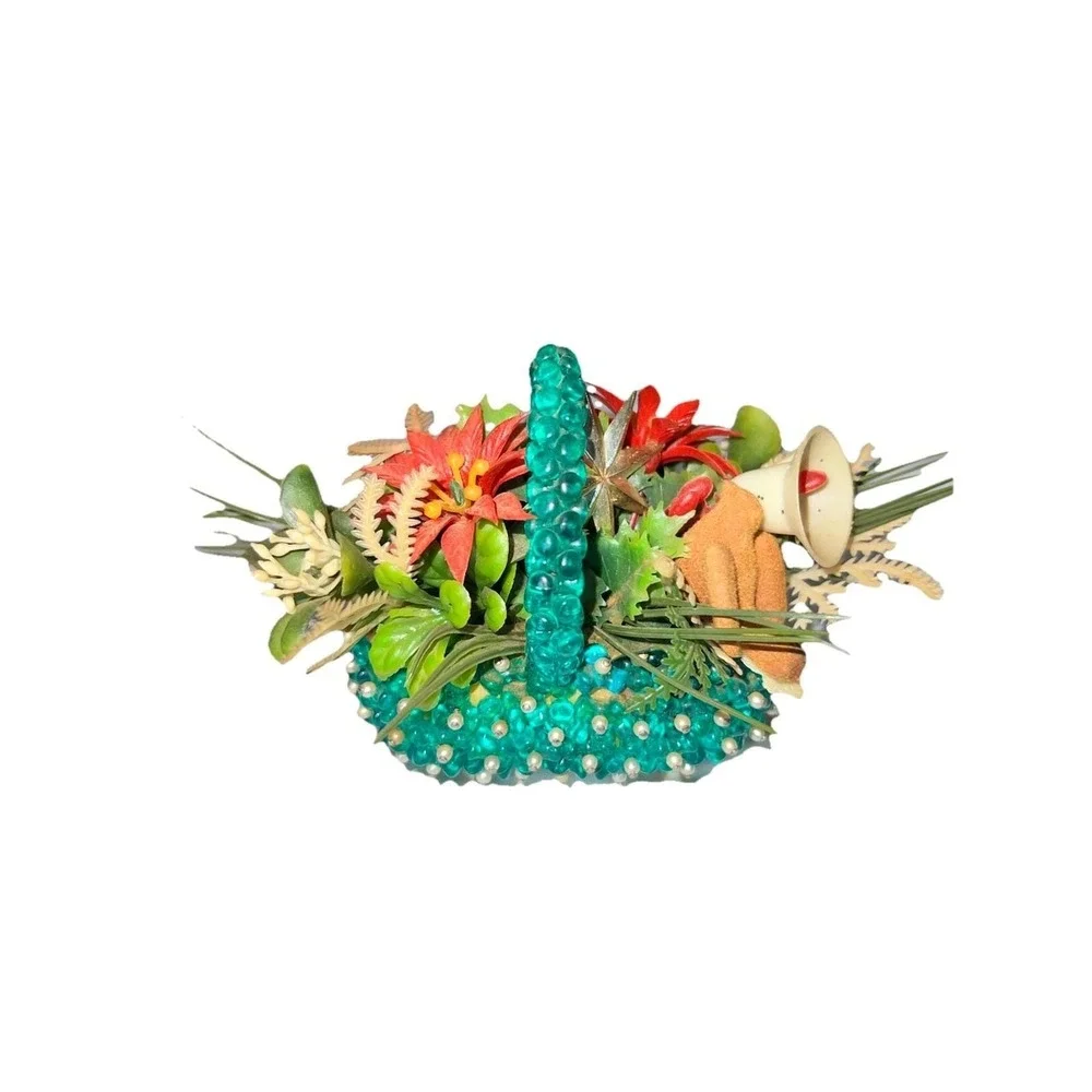 Vintage 60s Handmade Beaded Pin Basket Kitsch Floral Christmas Decor MCM